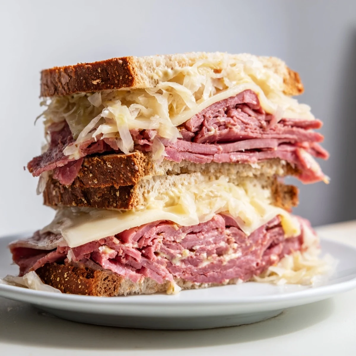This image captures the Corned Beef Sandwich on Rye with golden bread and a side of crunchy pickles.