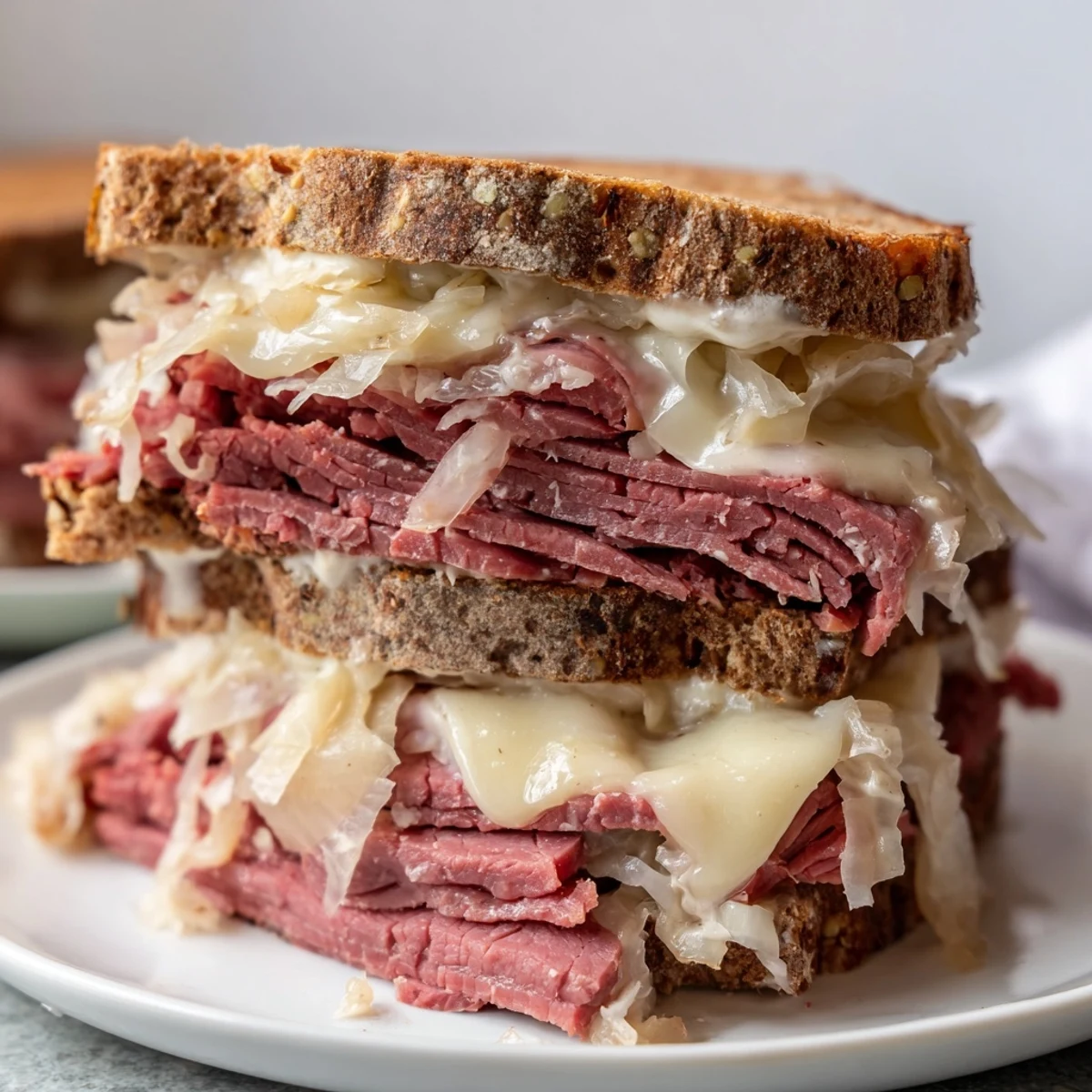 A mouth-watering view of the Corned Beef Sandwich on Rye reveals layers of meat and Russian dressing.