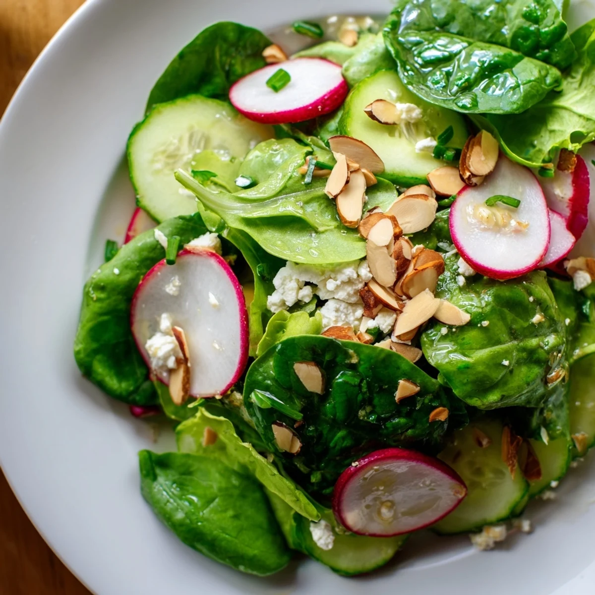 Colorful Spring Greens Salad with Lemon Vinaigrette features radishes, cucumber, and chives, ready as a refreshing vegetarian lunch or light side.