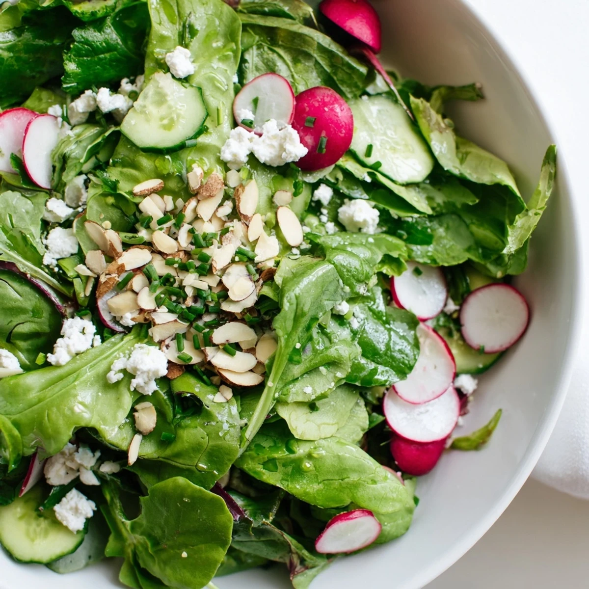 Fresh Spring Greens Salad with Lemon Vinaigrette served in a white ceramic bowl, topped with crumbled goat cheese and toasted almonds.