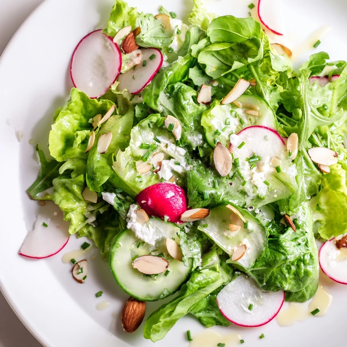 Close-up of Spring Greens Salad with Lemon Vinaigrette showing glistening greens, zesty dressing, and crunchy almonds for a vibrant spring meal.
