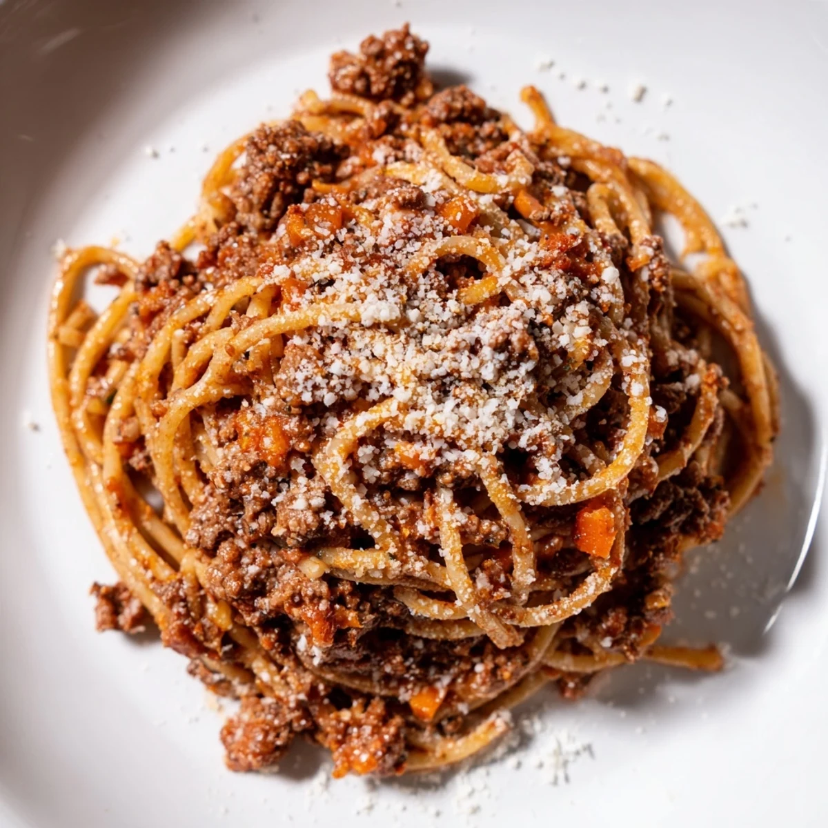 Steaming Beef Bolognese with Spaghetti and Parmesan is plated in a rustic bowl with fresh basil.