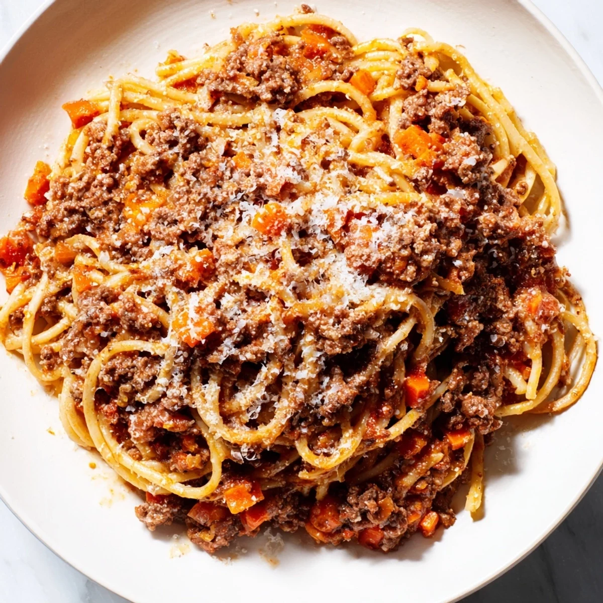 A close-up of Beef Bolognese with Spaghetti and Parmesan shows rich red sauce coating every strand.