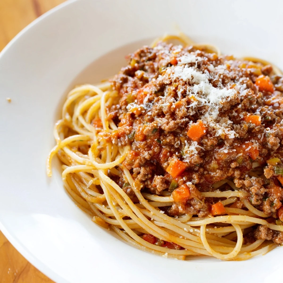 Beef Bolognese with Spaghetti and Parmesan served family-style with extra Parmesan and a glass of red wine.