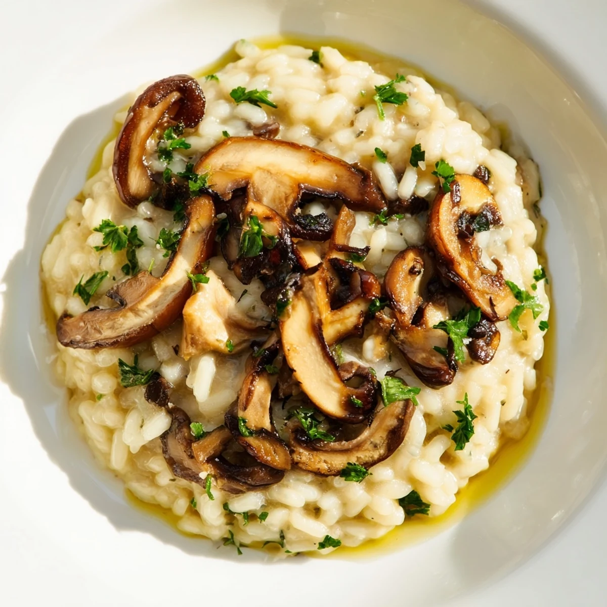 A close-up of creamy mushroom risotto with truffle oil, garnished with fresh parsley and a swirl of golden drizzle.