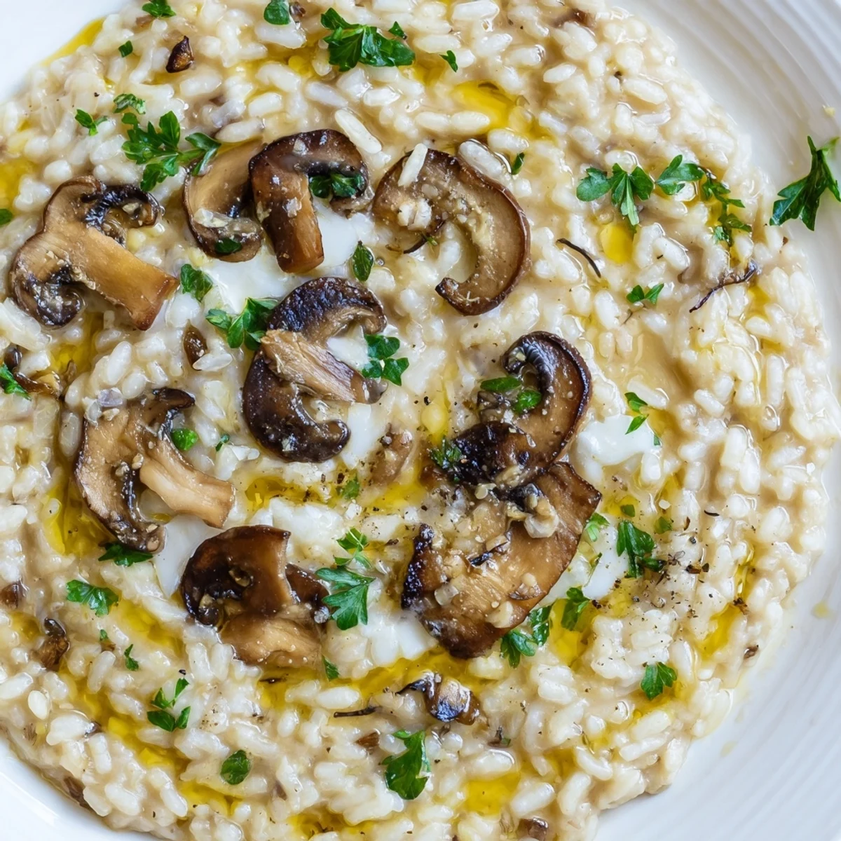 This vegetarian Italian main dish features velvety arborio rice loaded with sautéed mushrooms in a white bowl.