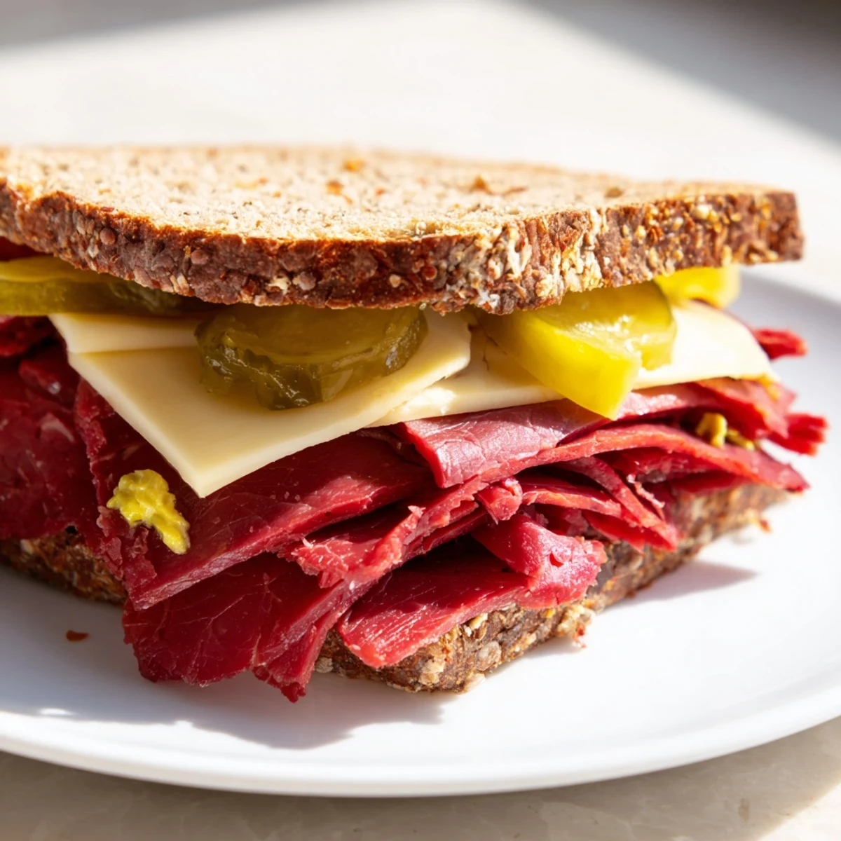 This image shows the Corned Beef Sandwich on Rye with Pickles ready to eat, cut in half to reveal Swiss cheese.