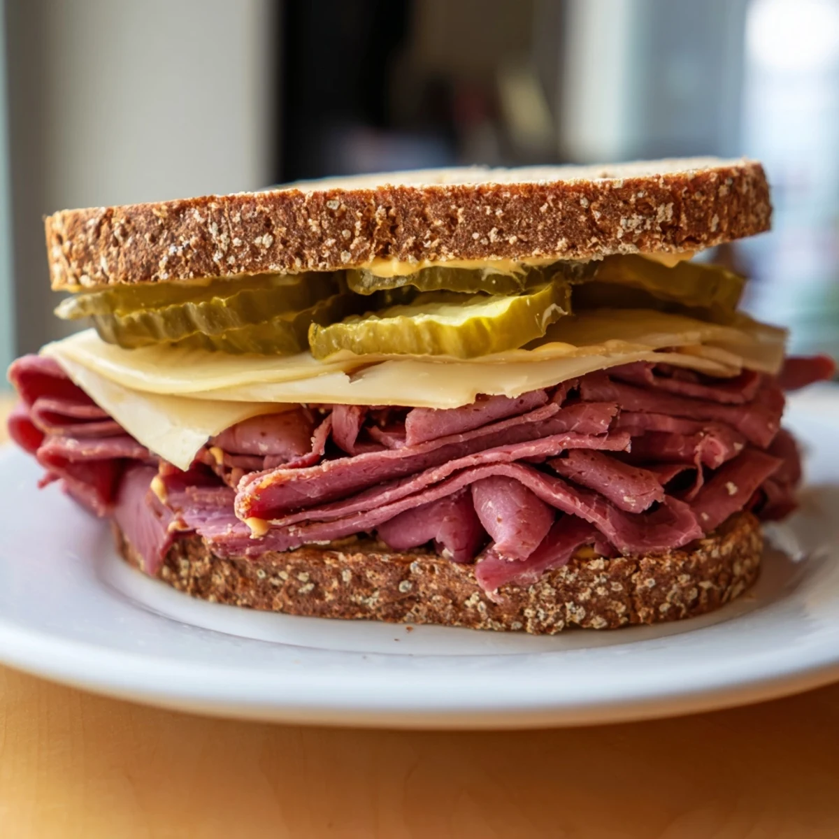A close-up of the Corned Beef Sandwich on Rye with Pickles showcasing thick layers of pink meat and tangy pickle slices.