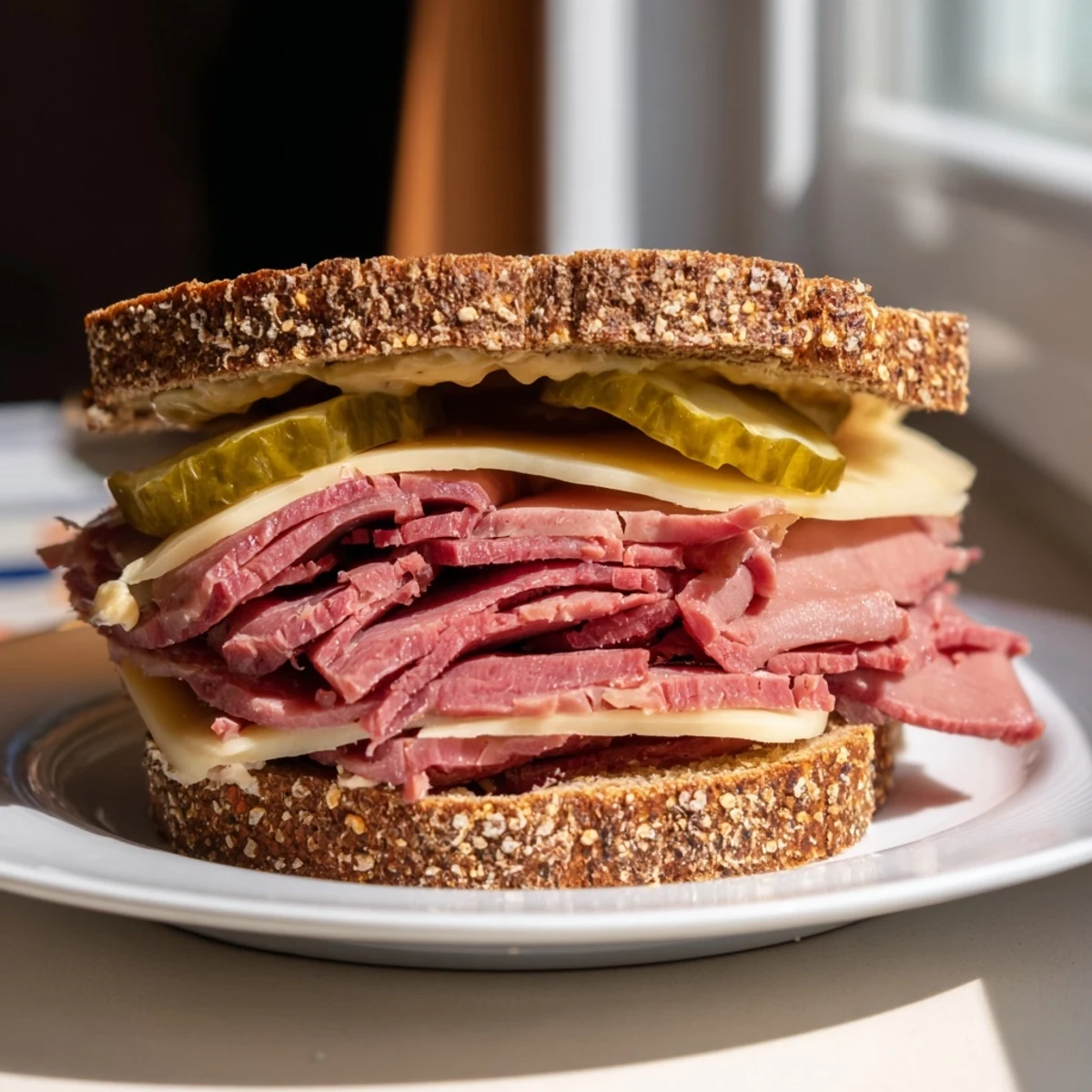 Golden toasted rye bread holds the Corned Beef Sandwich on Rye with Pickles, served with chips on a rustic board.