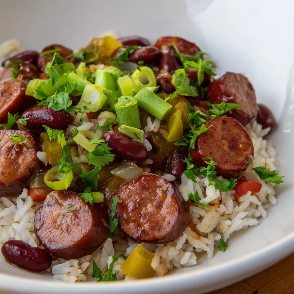A hearty bowl of Mardi Gras rice and beans with sausage features smoky sausage, vibrant peppers, and fresh parsley garnish on a rustic table.
