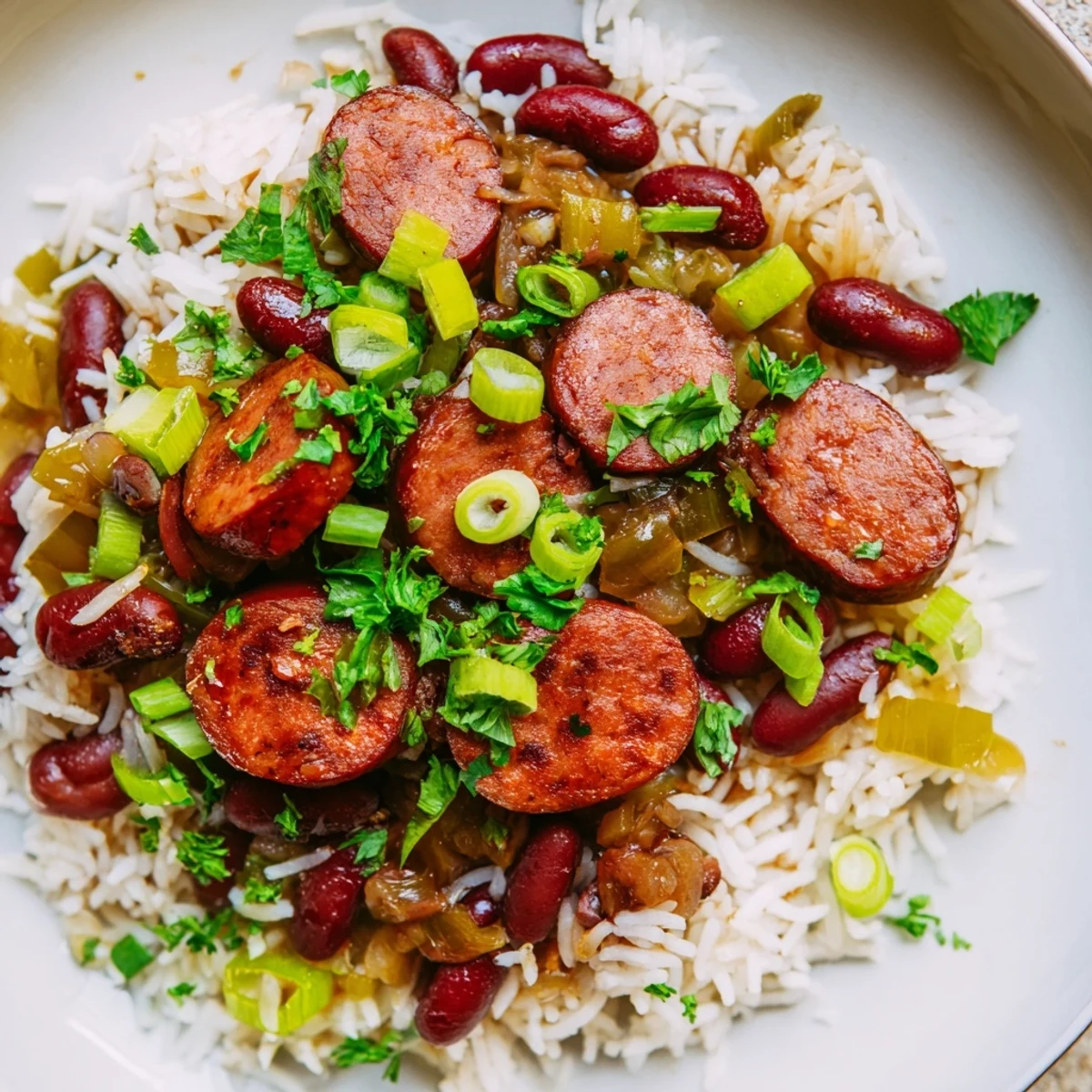Golden andouille sausage sizzles in a pot with tender red beans and fluffy rice, a festive Mardi Gras rice and beans with sausage ready to serve.