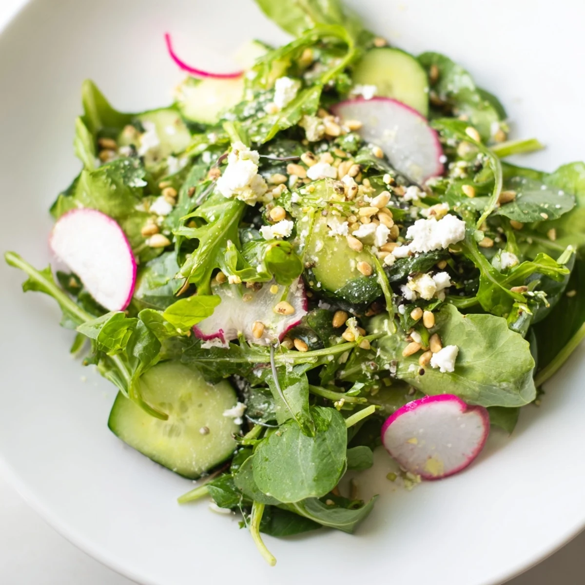 Bright, crisp Spring Greens Salad with Lemon Vinaigrette features fresh arugula and spinach tossed in tangy homemade dressing.