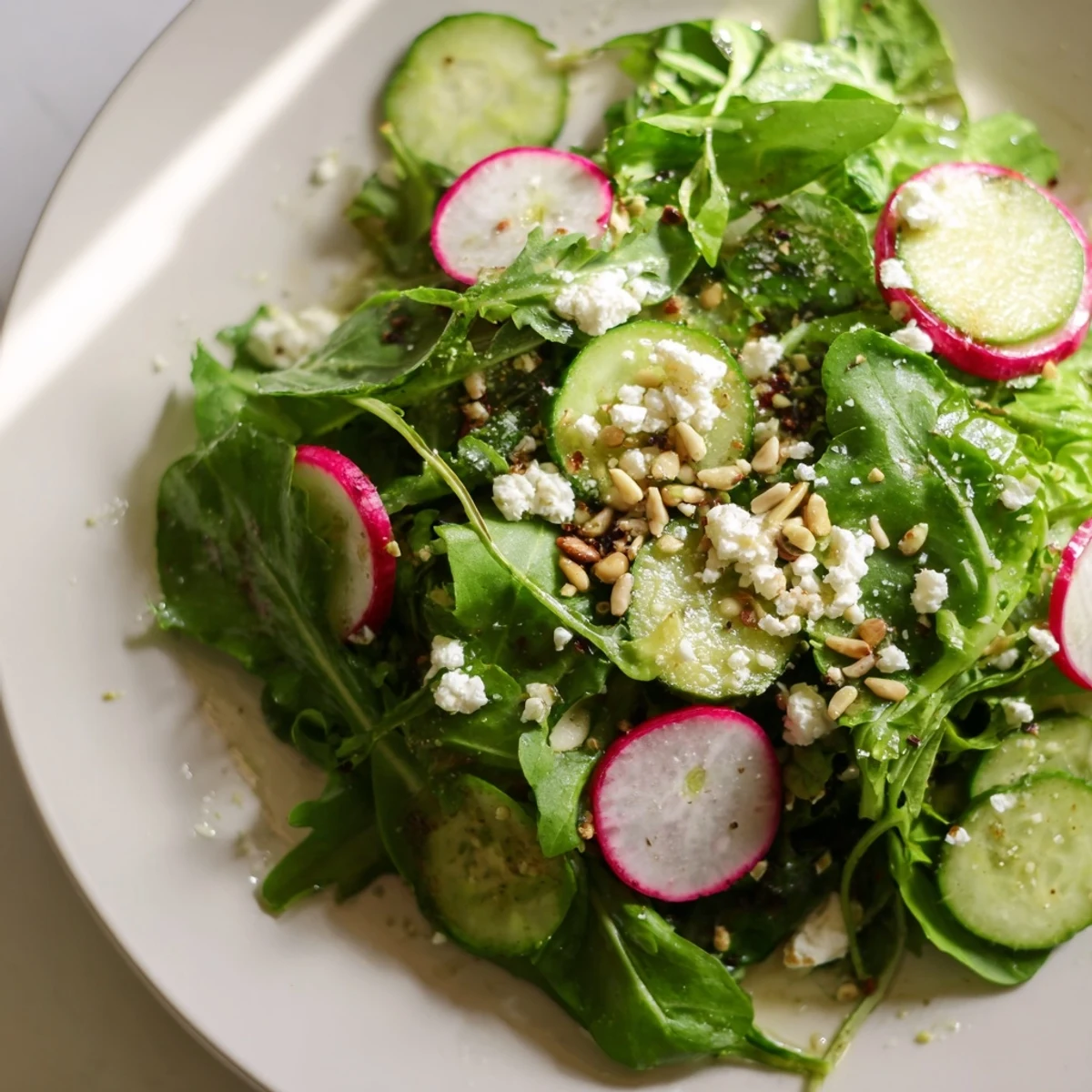 Healthy Spring Greens Salad with Lemon Vinaigrette is served in a bowl, perfect for a light spring lunch.