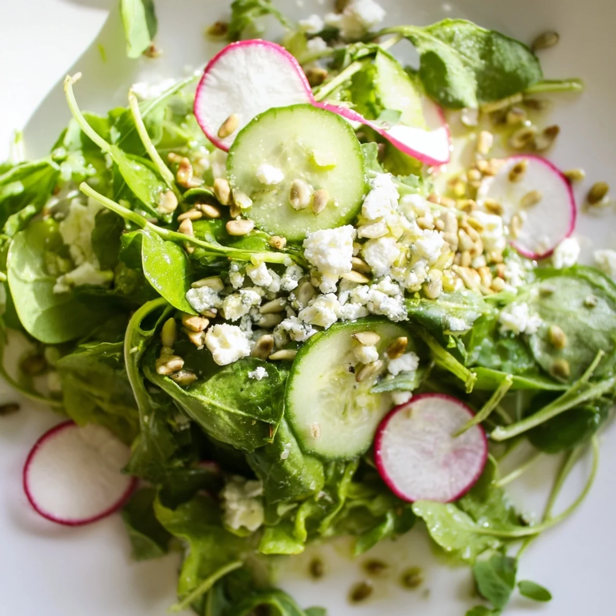 A vibrant Spring Greens Salad with Lemon Vinaigrette is topped with feta, cucumbers, and crunchy sunflower seeds.