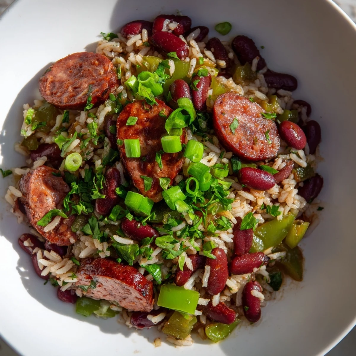 A close-up of Mardi Gras Rice and Beans with Sausage served in a bowl, garnished with fresh parsley and green onions.