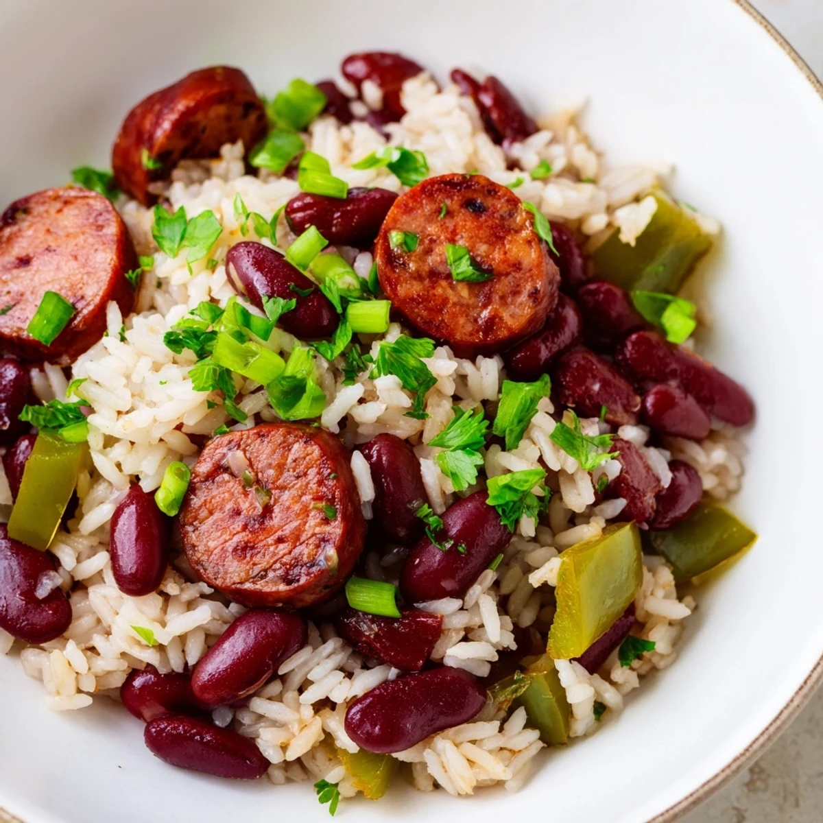 Steaming Mardi Gras Rice and Beans with Sausage in a Dutch oven, featuring colorful bell peppers and andouille slices.