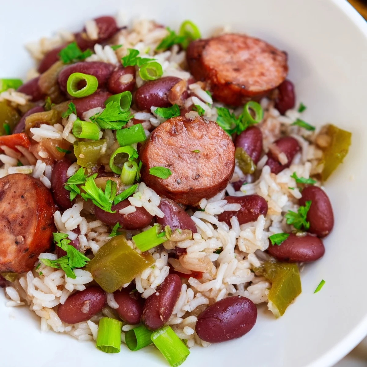 Hearty Mardi Gras Rice and Beans with Sausage plated beside cornbread, perfect for a festive New Orleans-style dinner.
