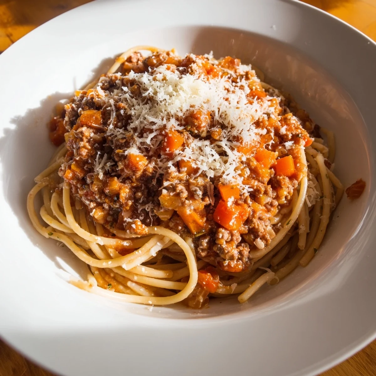 A generous plate of Beef Bolognese with Spaghetti and Parmesan topped with fresh basil leaves.