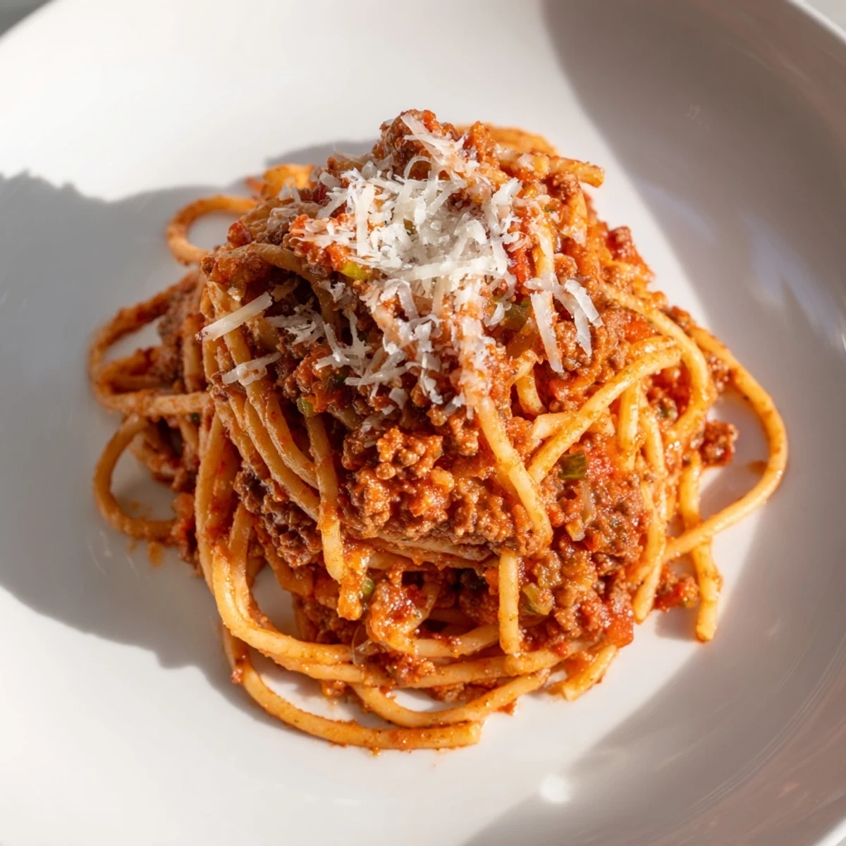Close-up of Beef Bolognese with Spaghetti and Parmesan showing rich sauce and grated cheese texture.