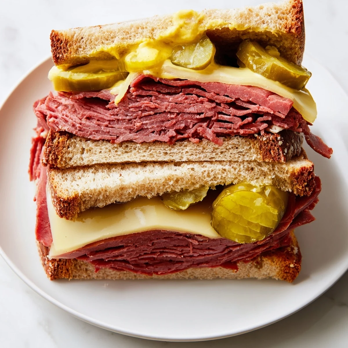 Golden toasted rye bread layered with tender corned beef, Swiss cheese, and crisp dill pickle slices.