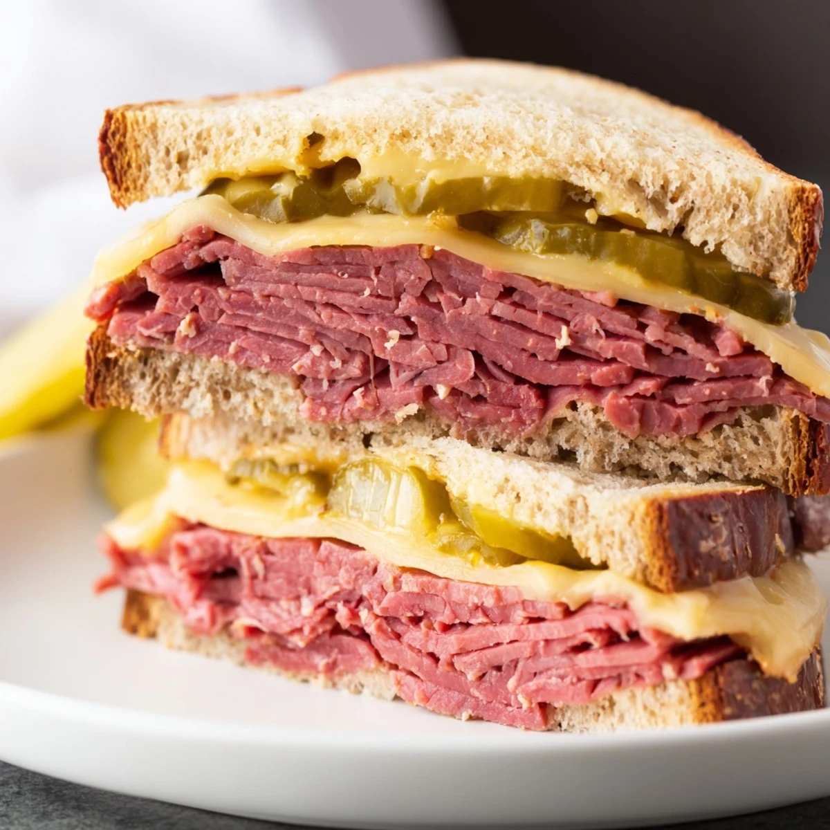 Hearty corned beef sandwich on rye with pickles served beside crunchy potato chips on a wooden board.