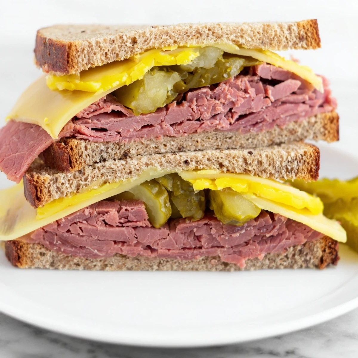 Savory deli-style corned beef sandwich on rye with pickles and mustard, ideal for a quick lunch.