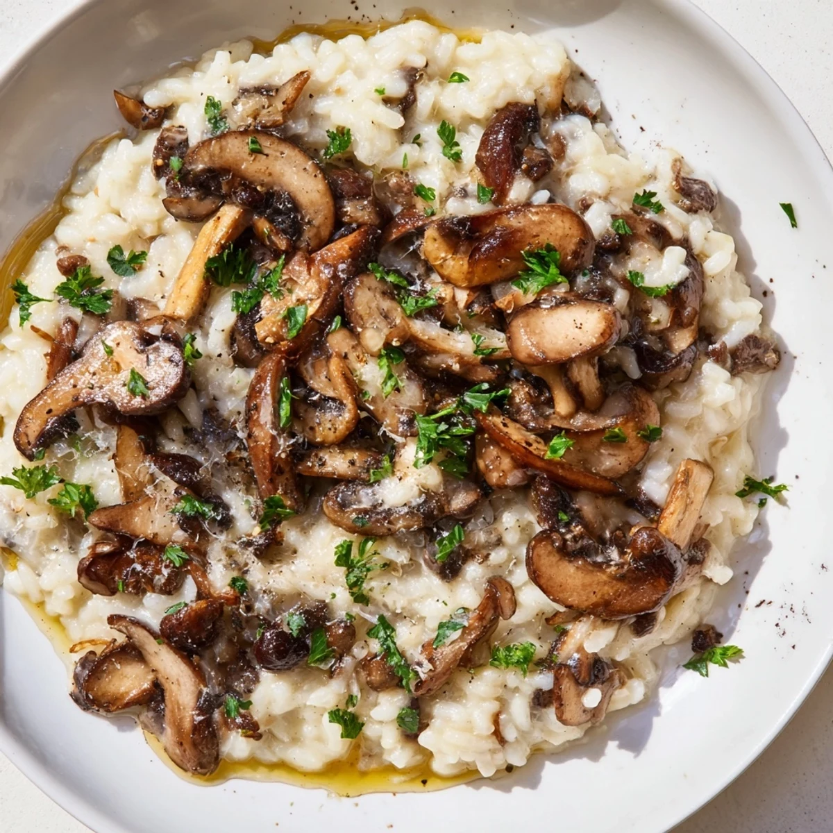 Creamy Mushroom Risotto with Truffle Oil garnished with parsley and served in a shallow bowl.