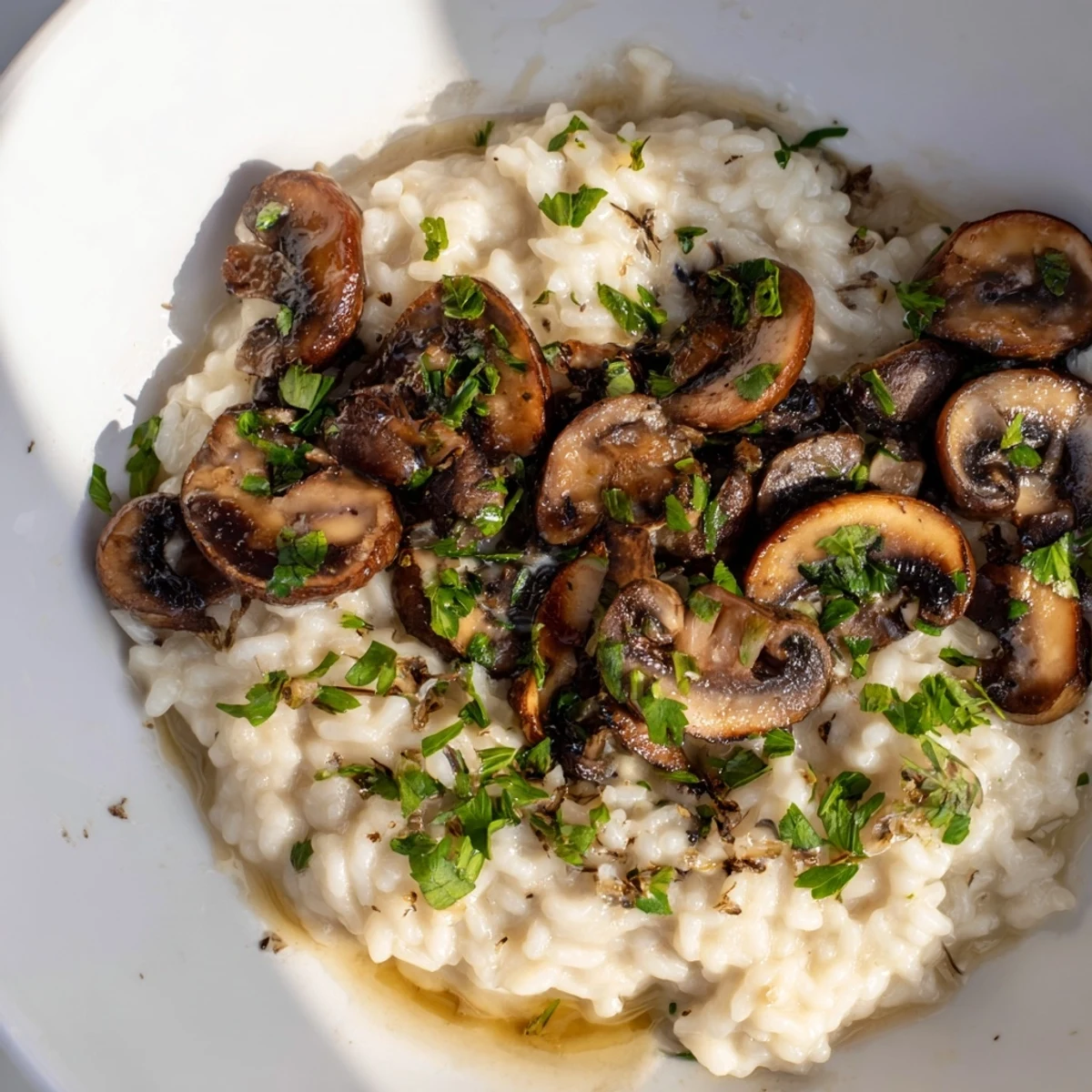 Golden Creamy Mushroom Risotto with Truffle Oil in a warm pan, steam rising, ready to eat.