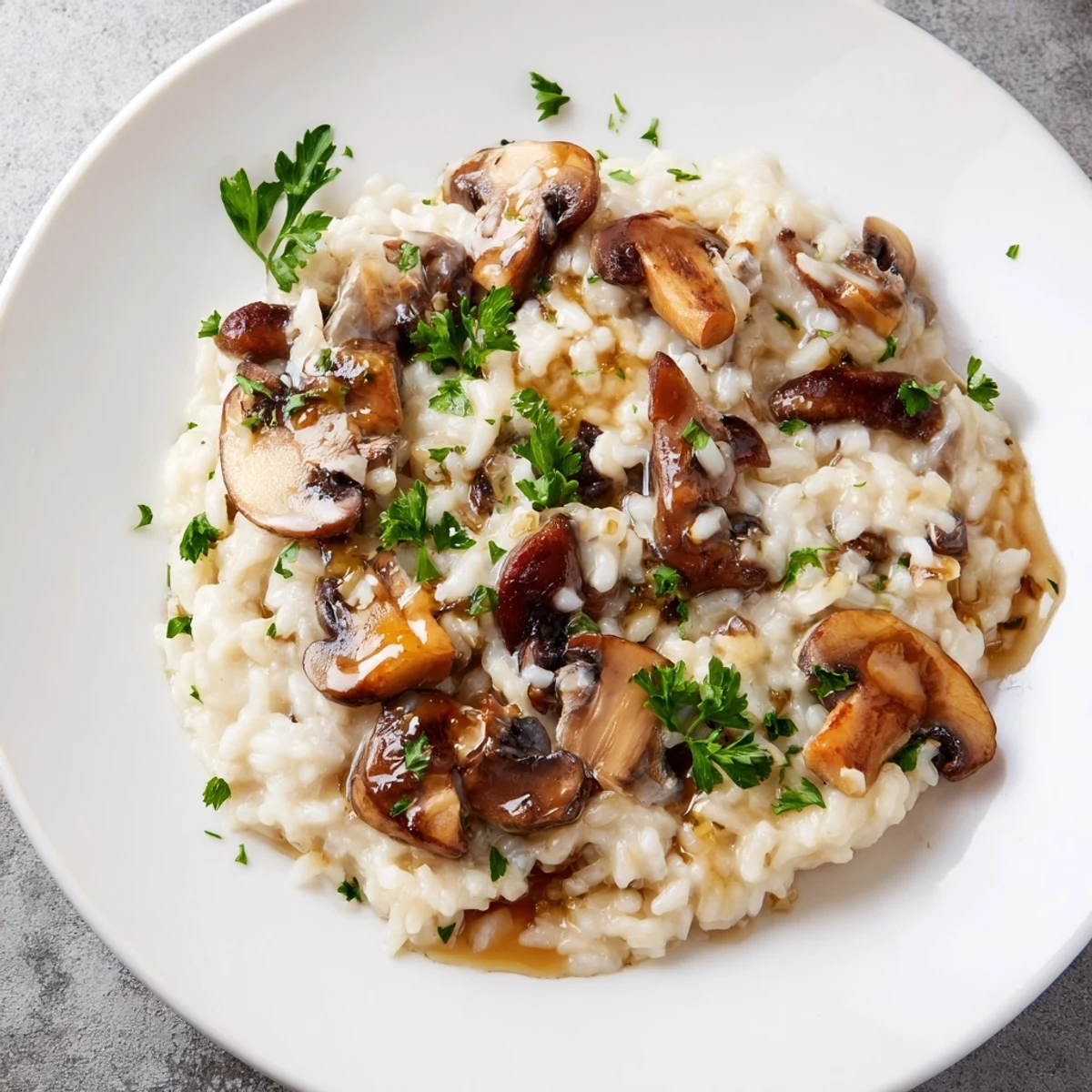 Elegant white plate holding Creamy Mushroom Risotto with Truffle Oil, cheese garnish, paired with white wine.