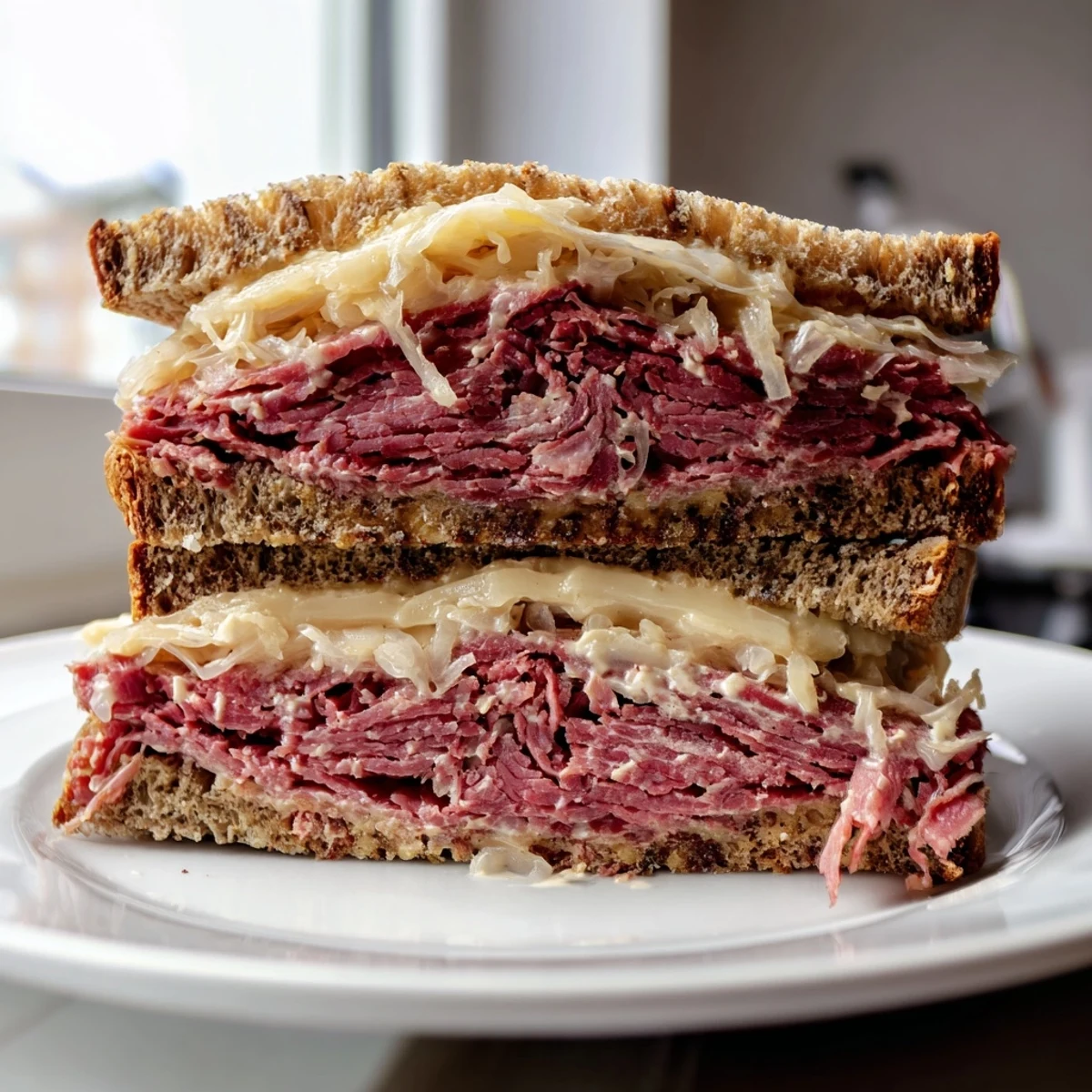Golden grilled rye bread holding melted Swiss cheese, tender corned beef, and tangy sauerkraut for a classic deli lunch.