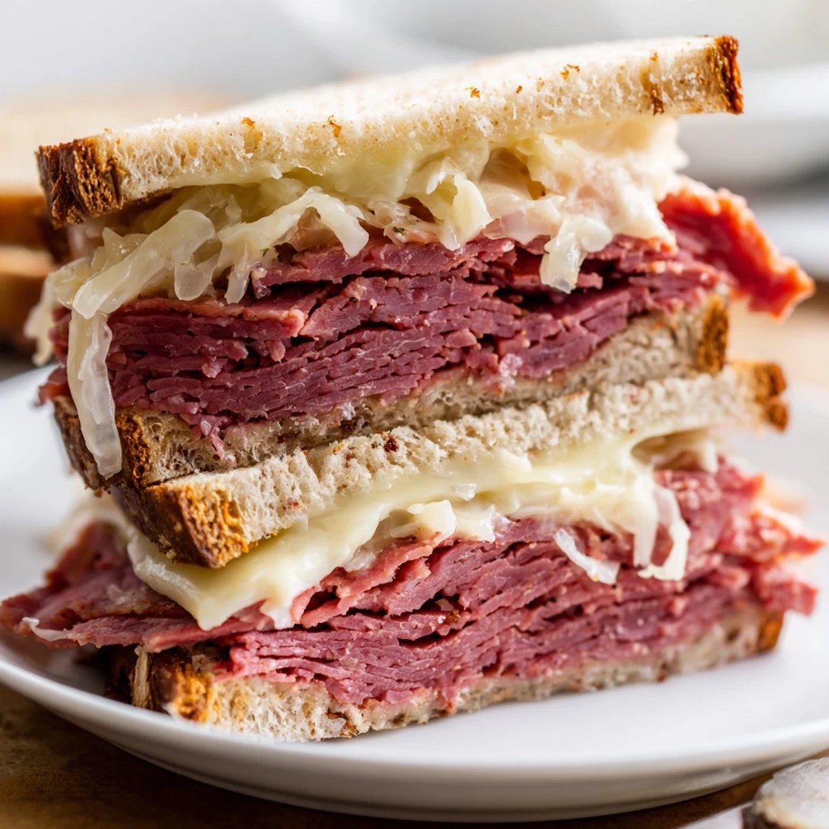 A close-up of a hot corned beef sandwich on rye, stacked high with savory meat and zesty Russian dressing.