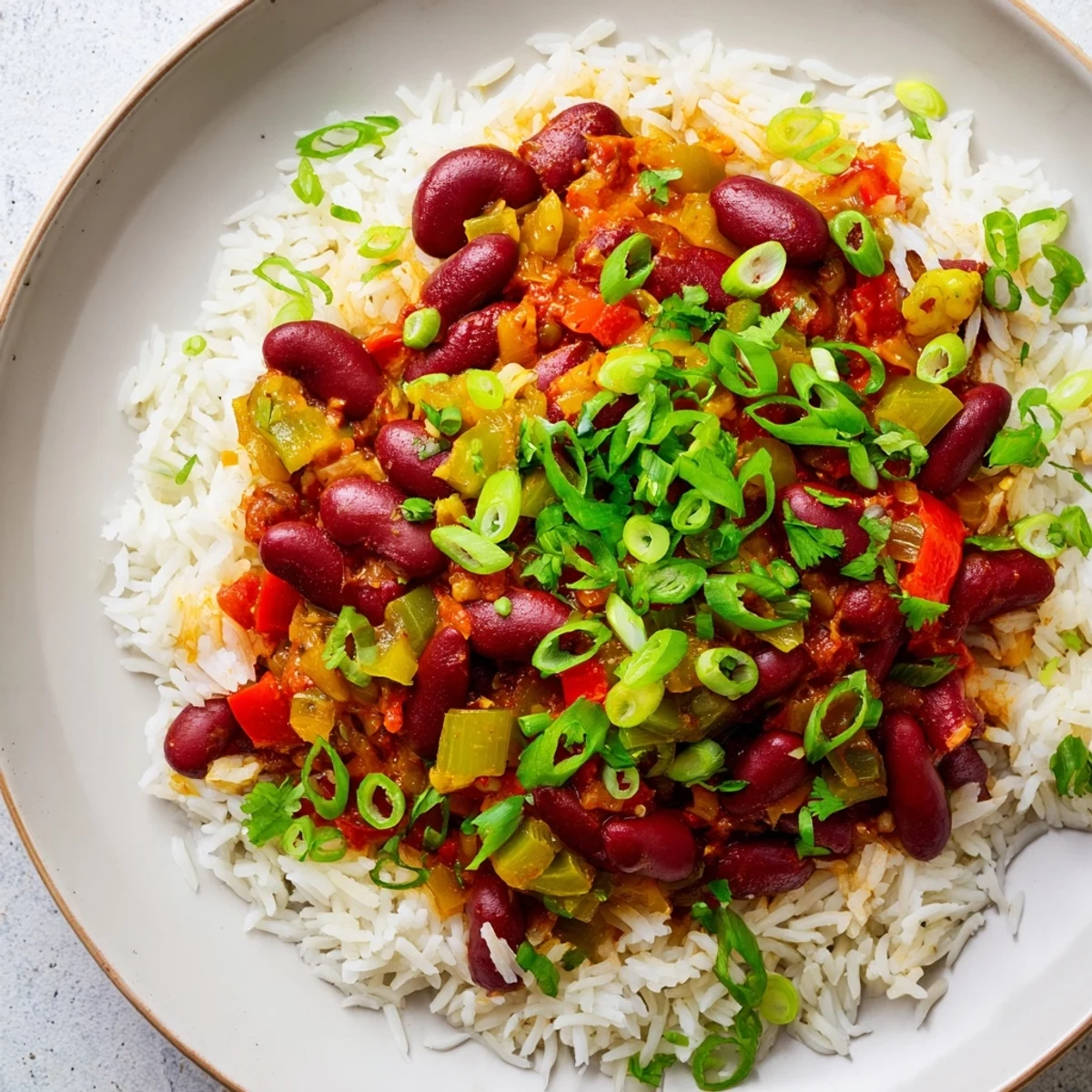 Steam rises from a serving bowl of Mardi Gras Rice and Beans, topped with sliced green onions, ready for a festive Creole dinner. 