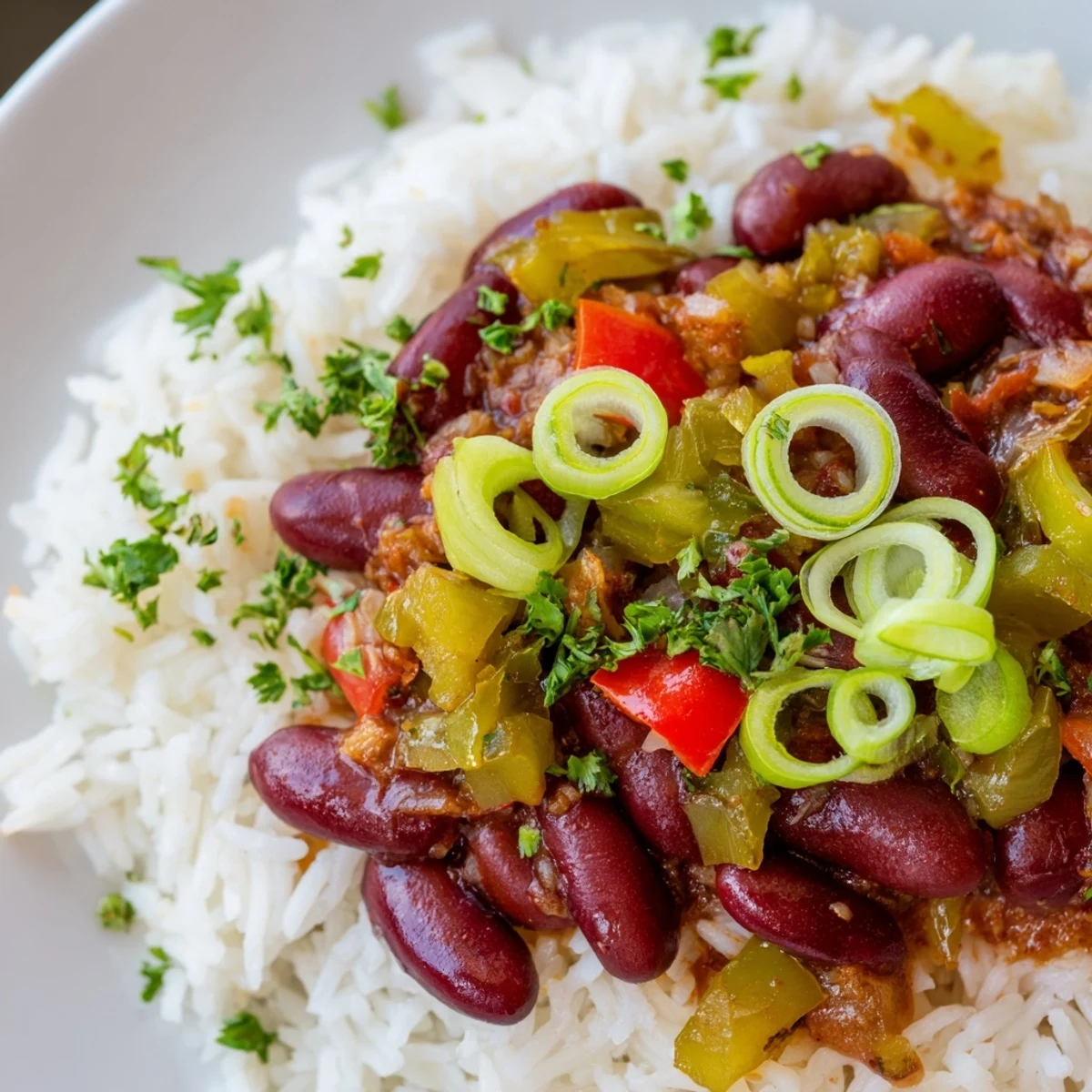 Colorful Mardi Gras Rice and Beans in a white bowl, featuring red and green bell peppers, kidney beans, and seasoned white rice.