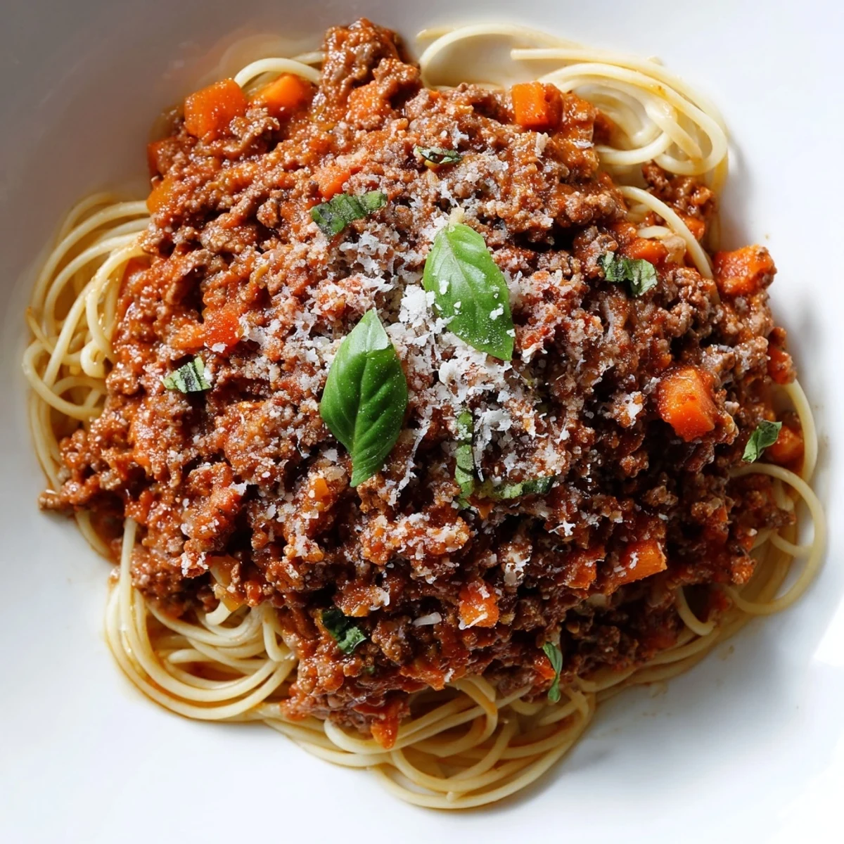 Rich and hearty Beef Bolognese with spaghetti in a deep red sauce, garnished with fresh basil leaves and a generous sprinkle of Parmesan cheese.