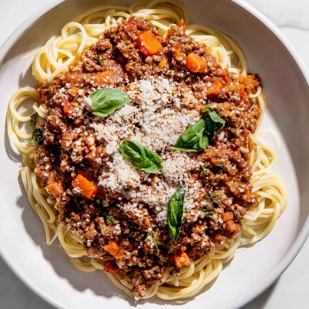 Steaming plate of Beef Bolognese with spaghetti featuring tender ground beef in a tomato-based sauce, paired with a glass of red wine on the side.