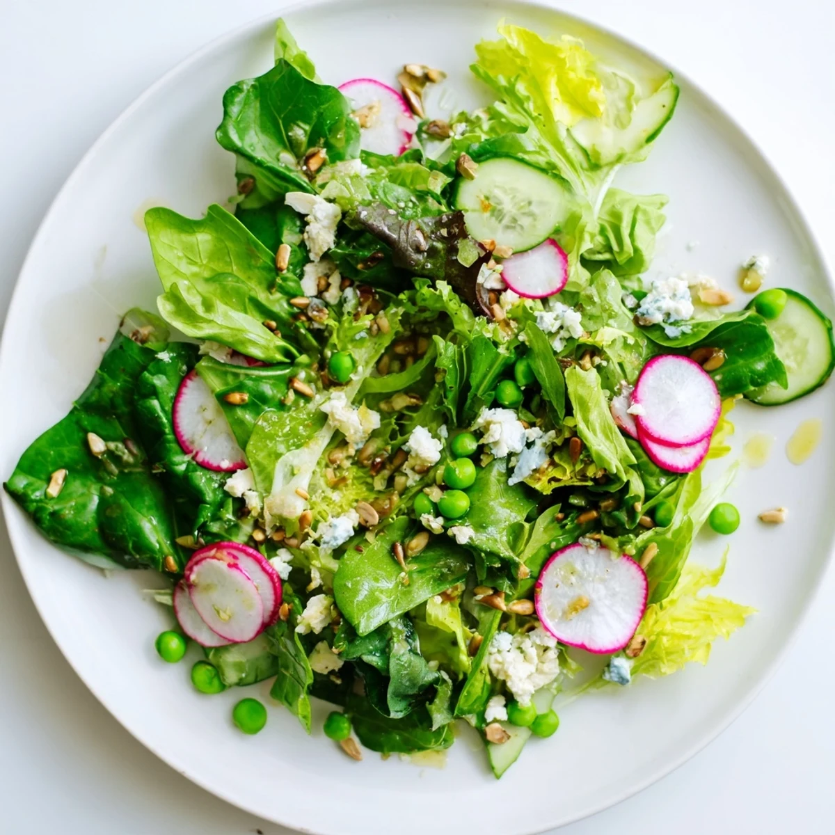 Vibrant Spring Greens Salad with Lemon Vinaigrette topped with creamy feta and crunchy sunflower seeds on a rustic table. 
