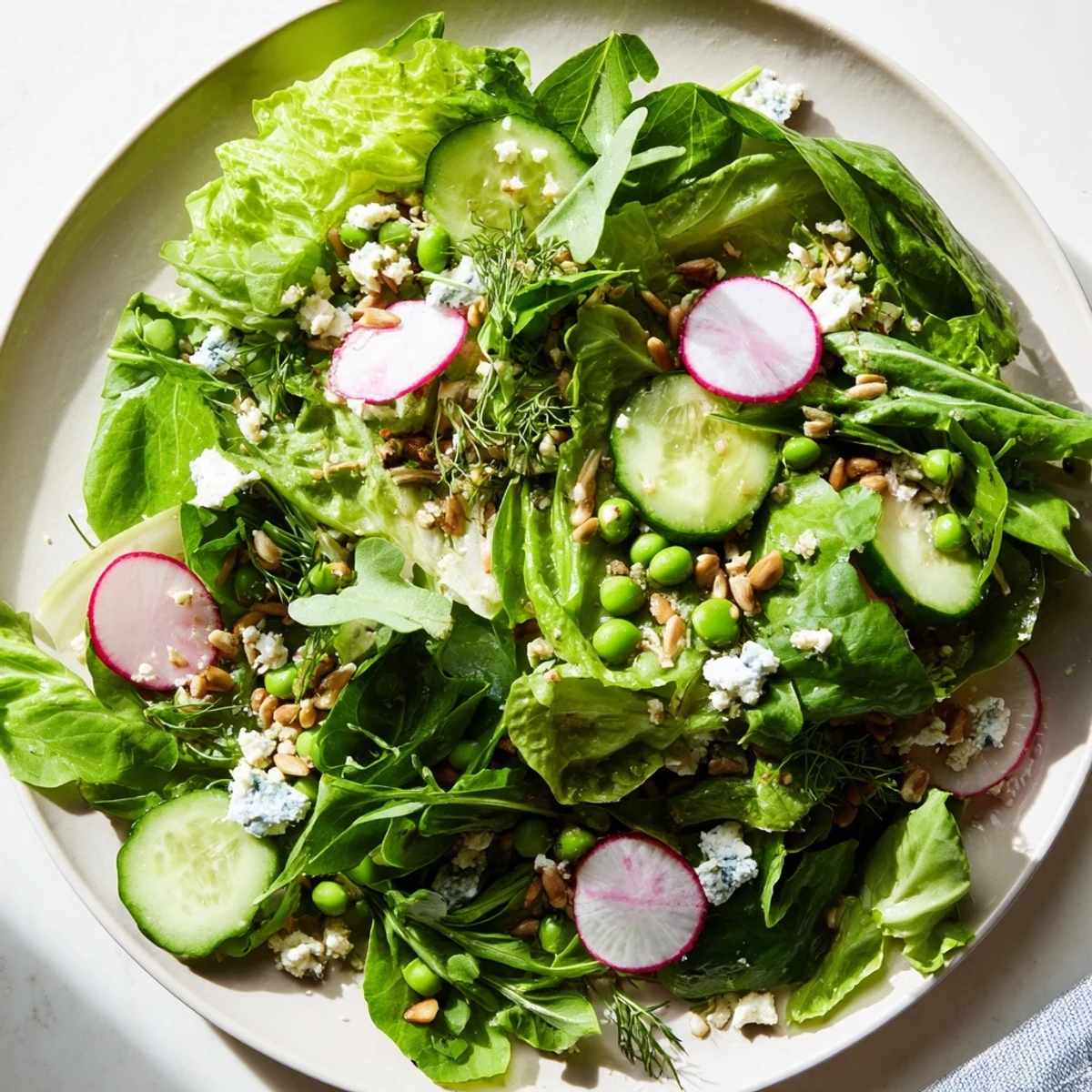 Freshly tossed Spring Greens Salad with Lemon Vinaigrette featuring crisp cucumbers, radishes, and peas in a bright yellow dressing. 