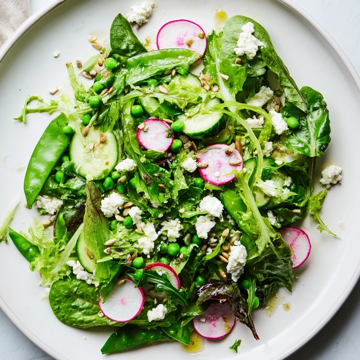 Ready-to-serve Spring Greens Salad with Lemon Vinaigrette plated with a light lemon wedge, perfect for a healthy spring lunch.