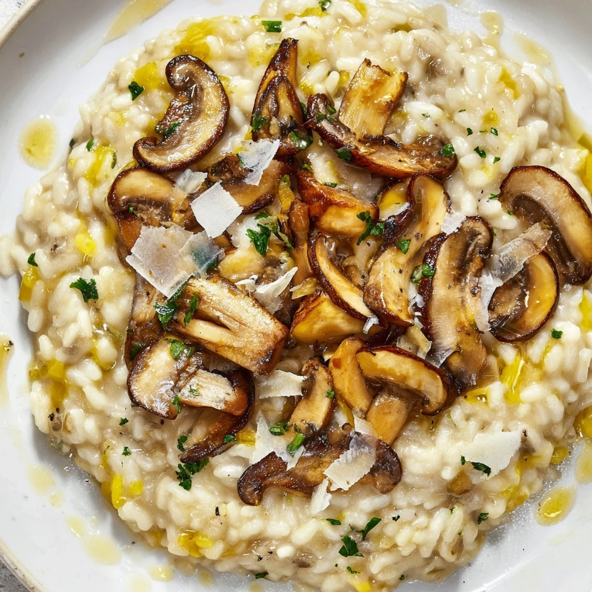 Steaming bowl of Creamy Mushroom Risotto with Truffle Oil garnished with fresh parsley.