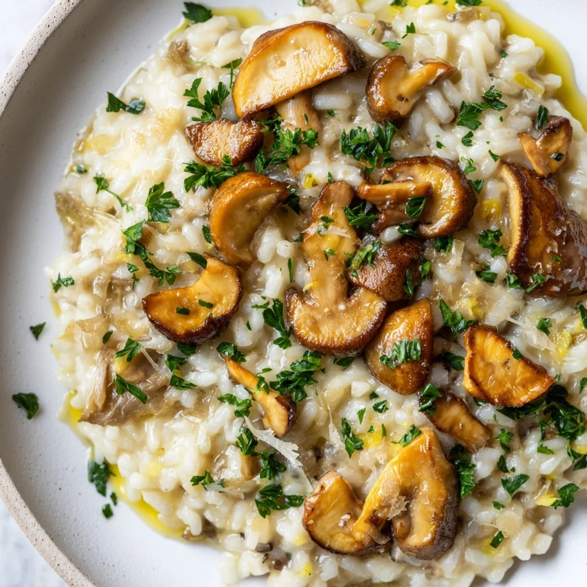 A close-up photo of Creamy Mushroom Risotto with Truffle Oil served on a rustic plate.