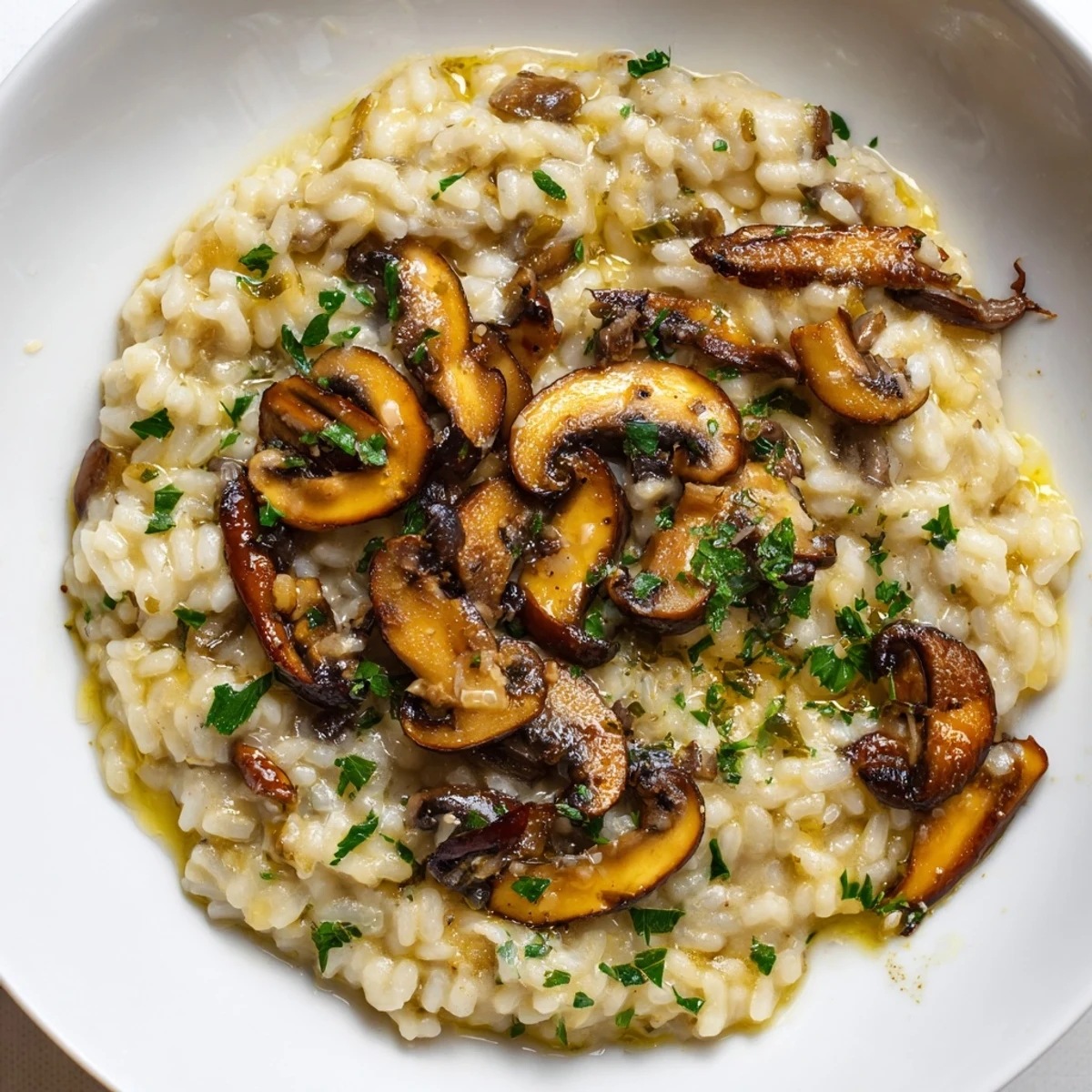 Golden-hued Creamy Mushroom Risotto with Truffle Oil beside a glass of white wine.