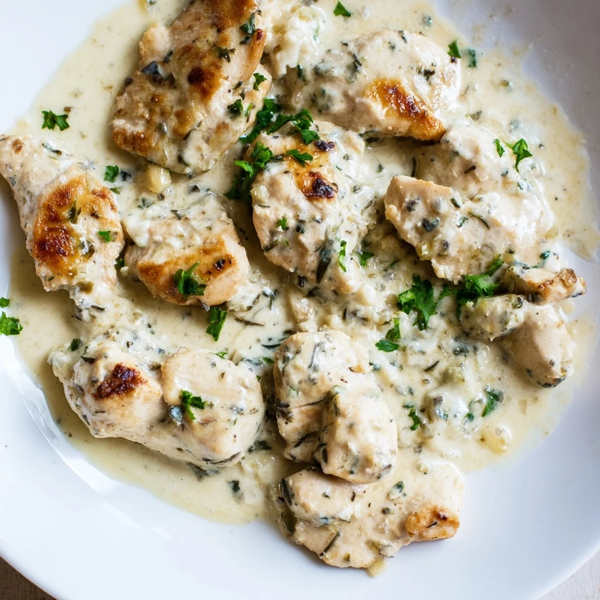 A close-up of tender Creamy Boursin Chicken in a rich white sauce, perfect served over steamed green beans.