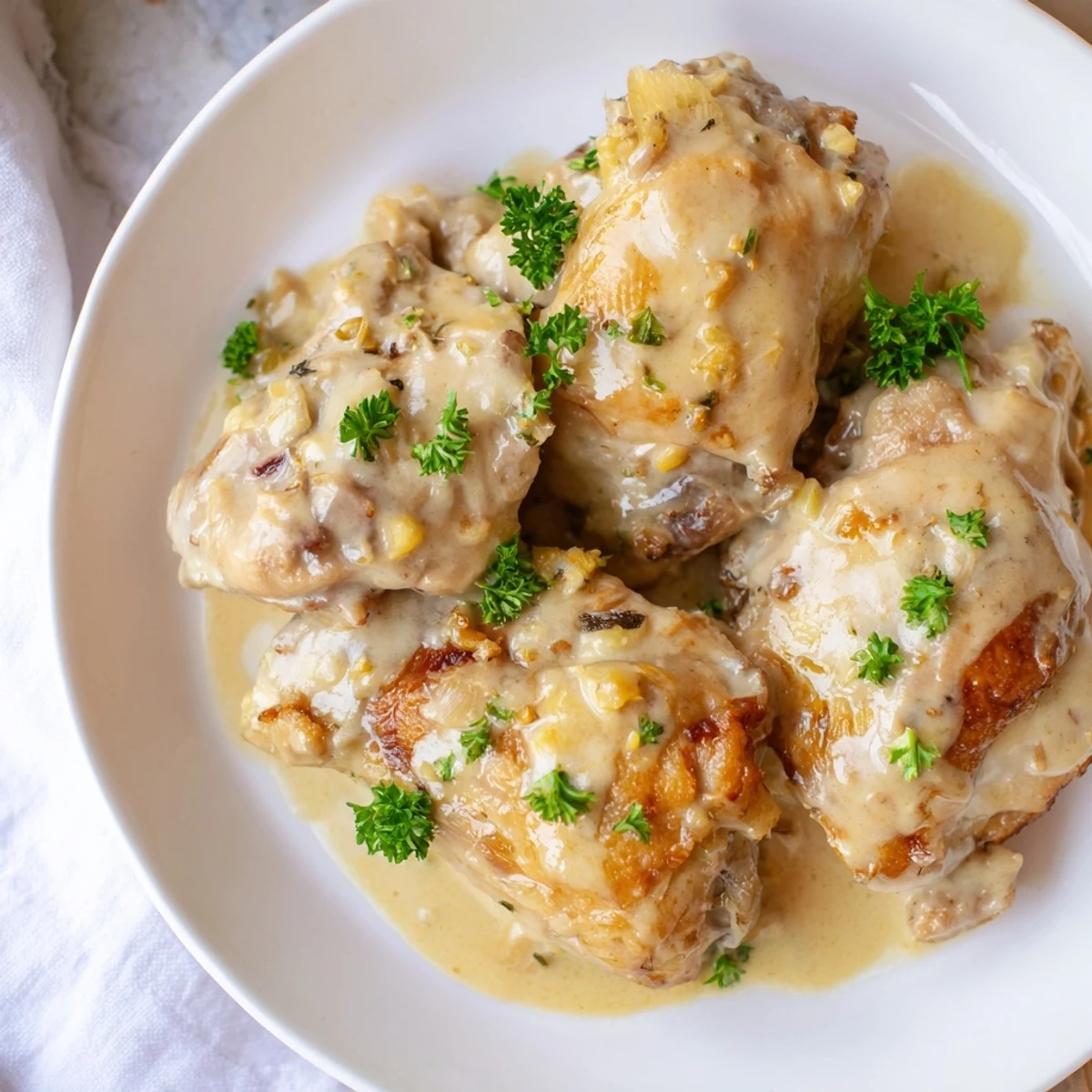 Juicy chicken breasts simmered in a luscious Boursin cheese sauce, ready to be paired with crusty bread for dinner.