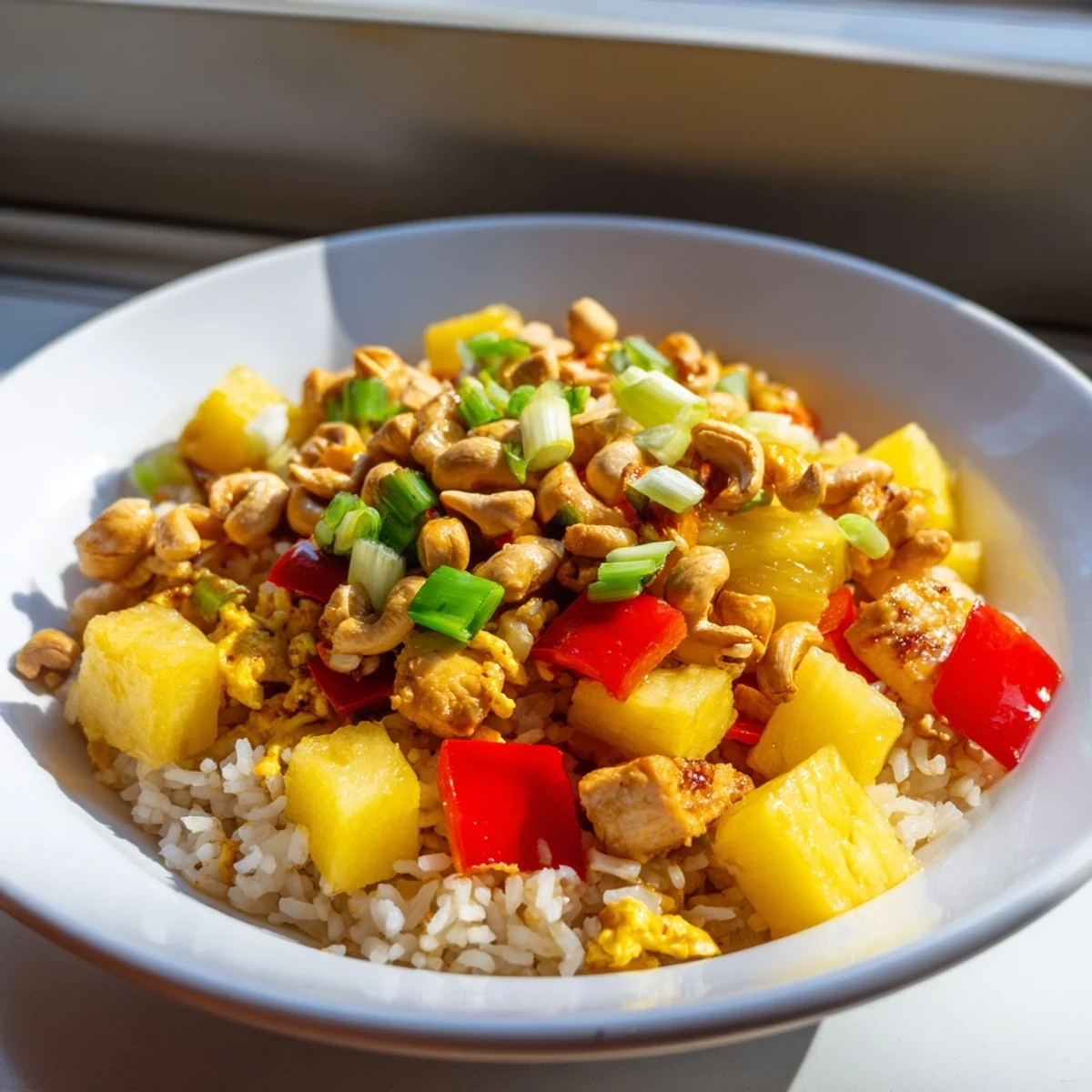 A close-up of Pineapple Chicken Fried Rice with Cashews showing golden chicken, colorful veggies, and crunchy nuts on fluffy jasmine rice.