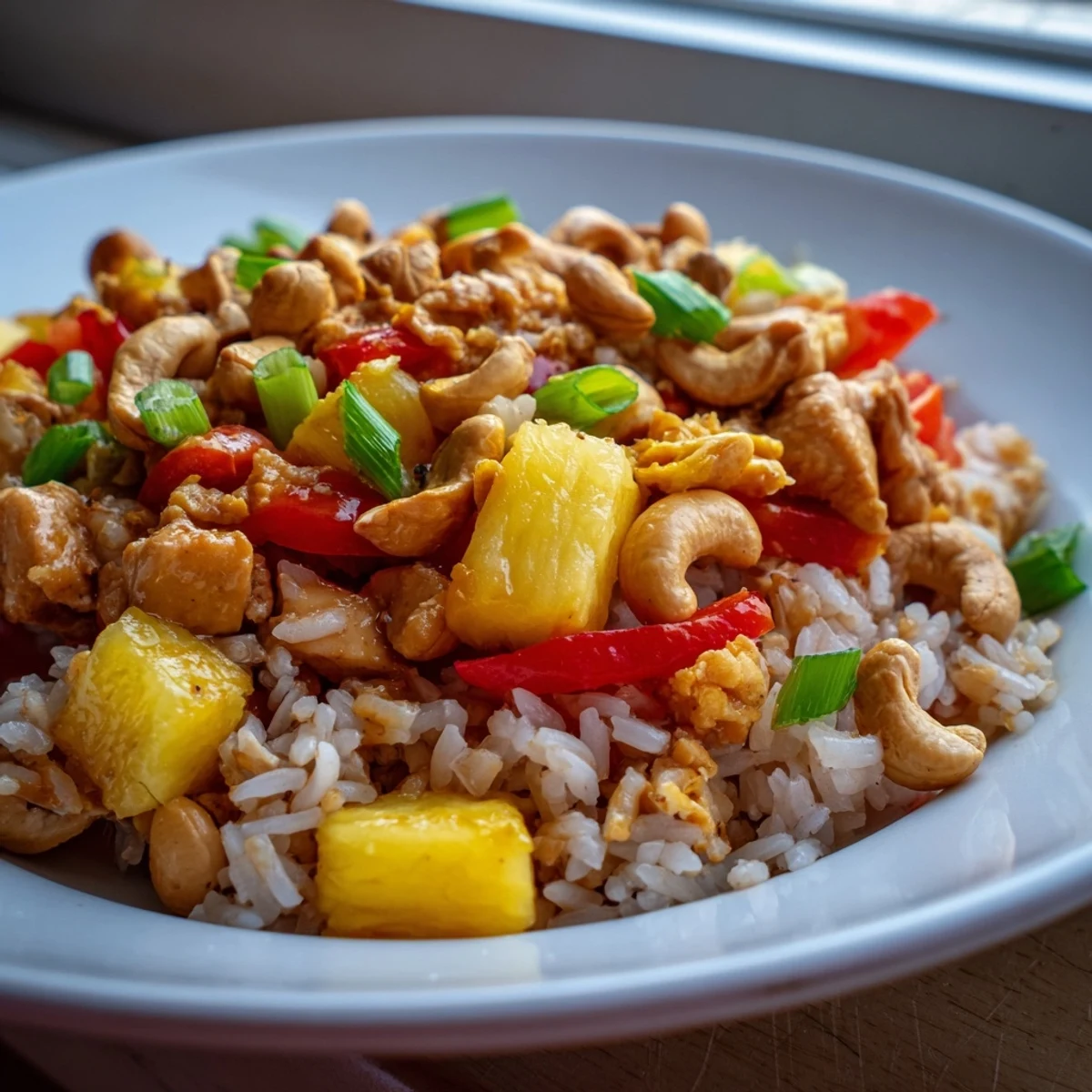 In a hot wok, Pineapple Chicken Fried Rice with Cashews mixes sweet pineapple chunks, bell peppers, and savory sauces for a quick dinner.