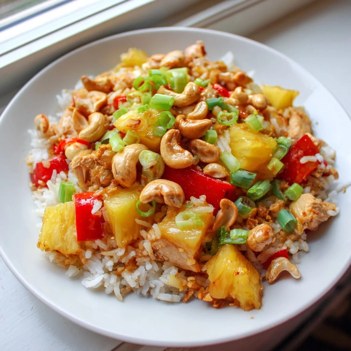 Serve Pineapple Chicken Fried Rice with Cashews garnished with green onions and lime wedges for a vibrant Thai-inspired weeknight meal.