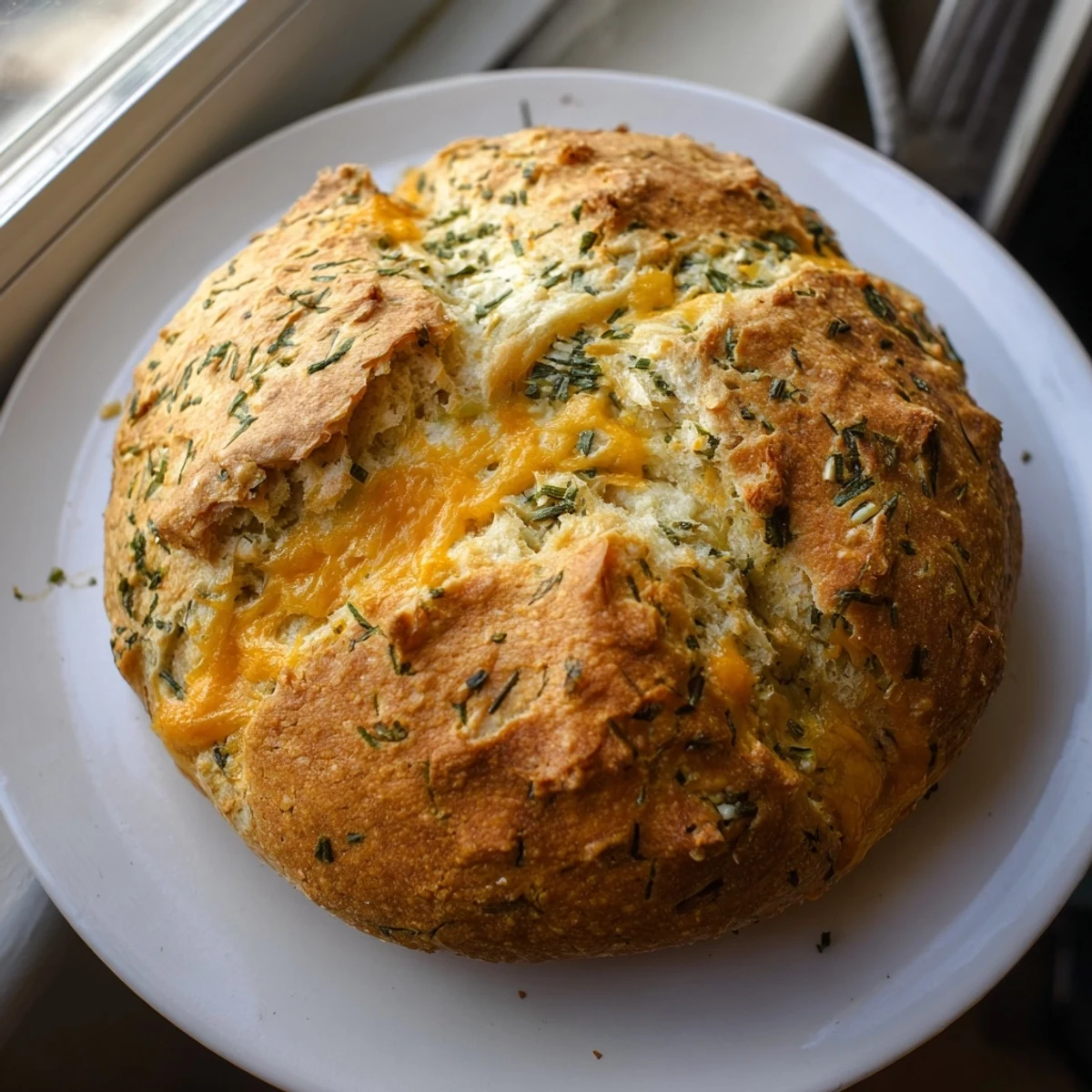 Golden-brown Savory Herbed Cheddar Irish Soda Bread, sliced to reveal a moist, tender crumb loaded with melted sharp cheddar and fresh green herbs.