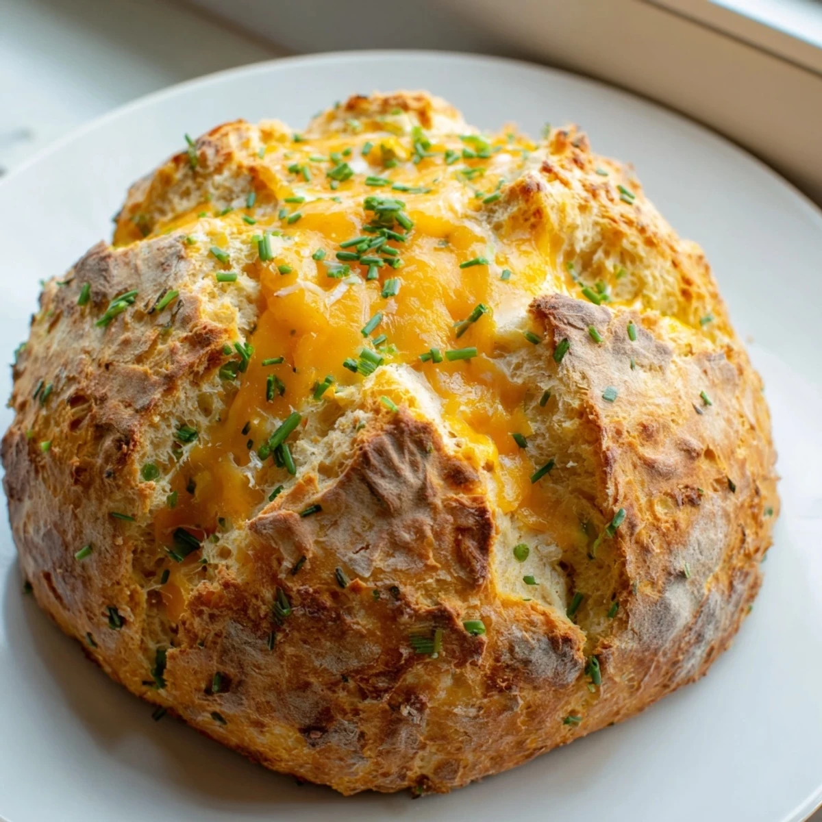 A rustic loaf of Savory Herbed Cheddar Irish Soda Bread rests on a wooden board, ready to be served with a pat of butter.