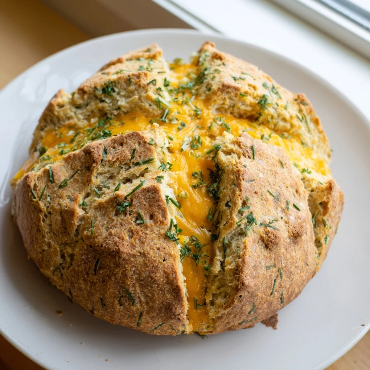 Freshly baked Savory Herbed Cheddar Irish Soda Bread with a deep X on top, steam rising from the cheesy, herb-filled interior.