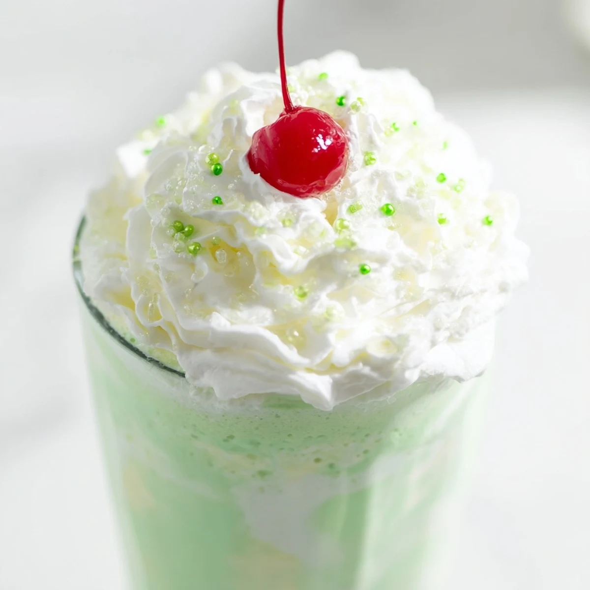 Cold and refreshing Homemade Copycat Shamrock Shake garnished with green sprinkles, poured into a frosty glass for a festive treat.